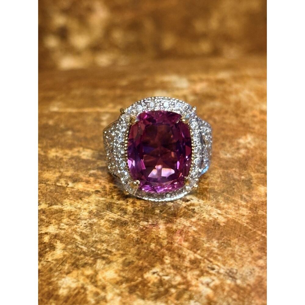 Gold Vermeil over Sterling, Lab Created Pink Sapphire & CZ Cocktail Ring Sz 6 - Picture 4 of 9